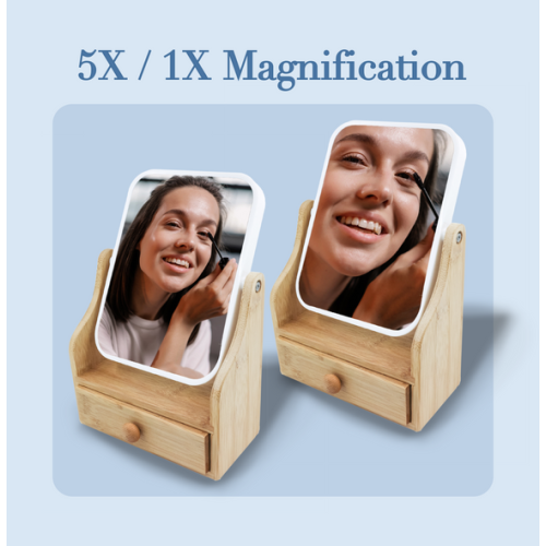 Pursonic Dual-Sided Vanity Mirror with Natural Wood Drawer Base