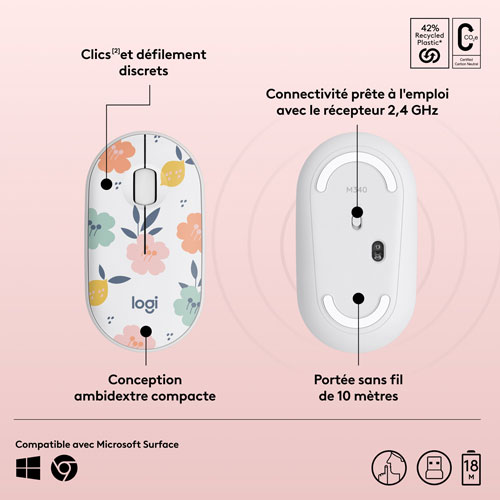 Souris sans fil à suivi optique de 1000 ppp M340 de Logitech - Bouquet de fleurs