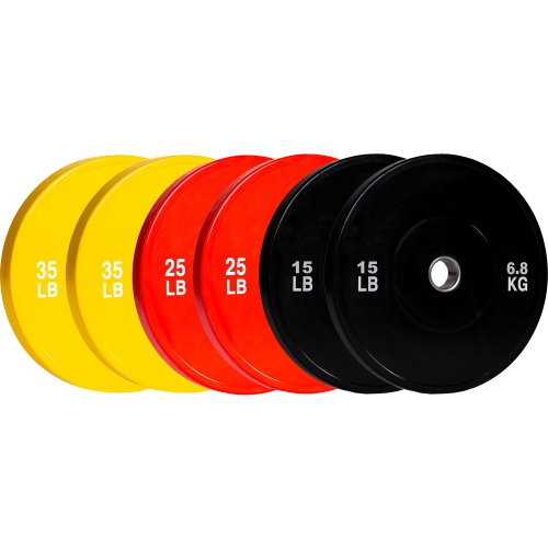 Plaque de poids de pare-chocs olympique PRISP - plaque de caoutchouc pour haltère olympique de 2 pouces avec insert en acier ; paires, ensembles et
