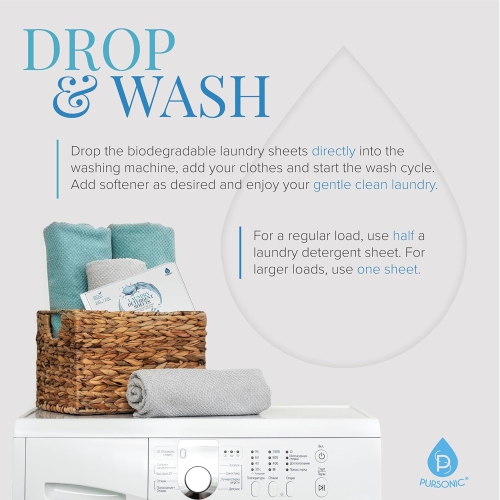 Pursonic Natural Laundry Detergent Sheets ,Eco Friendly– Fresh Linen Scent, 30 Sheets