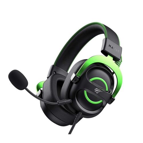 Havit H2002E Adjustable Wired Gaming Headset With Detachable Microphone, Surround Sound High Magnetic 50mm Speaker Gaming Headphones_Green + Black