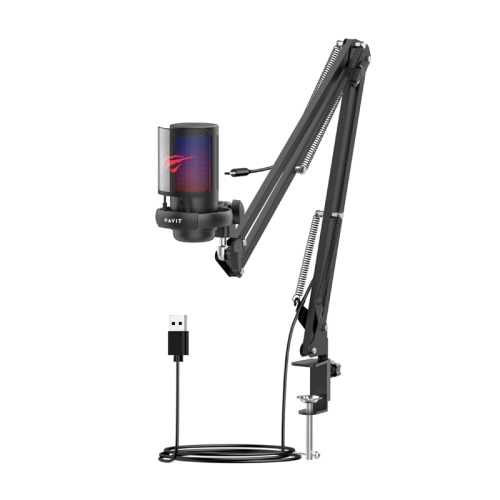 Havit GK50 Pro RGB USB Condenser Gamer Microphone with Desk Mount, Foldable Desk Mic Arm 360° Microphone for Live Streaming, Gaming, Podcasting,