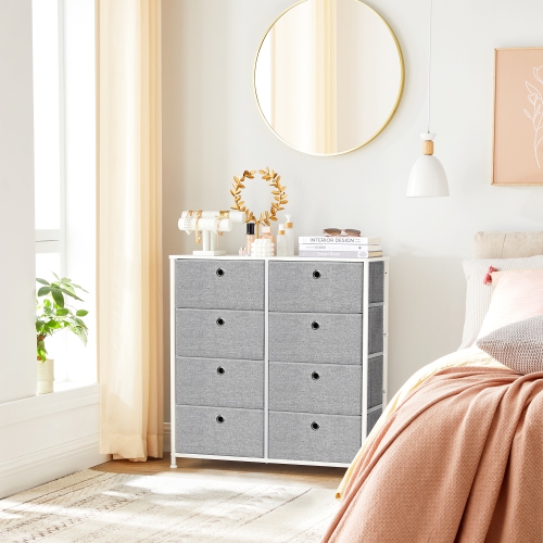 SONGMICS HOME 4-Tier Storage Dresser with 8 Easy Pull Fabric Drawers and Wooden Tabletop for Closets, Nursery, Dorm Room, Light Gray and White ULTS24W
