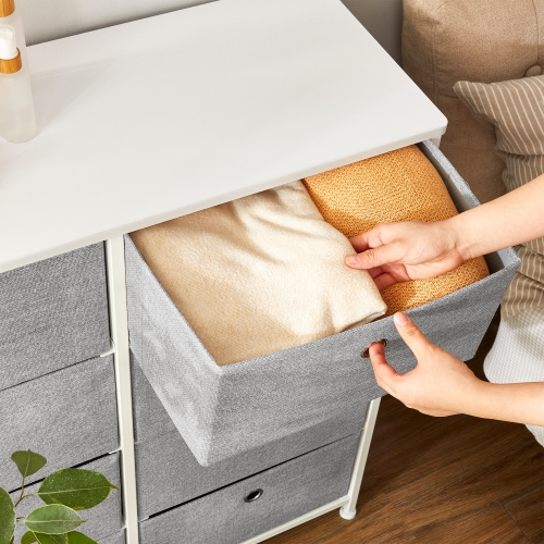 SONGMICS HOME 4-Tier Storage Dresser with 8 Easy Pull Fabric Drawers and Wooden Tabletop for Closets, Nursery, Dorm Room, Light Gray and White ULTS24W