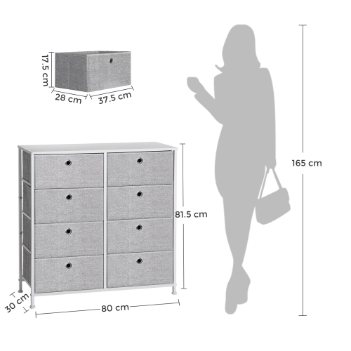 SONGMICS HOME 4-Tier Storage Dresser with 8 Easy Pull Fabric Drawers and Wooden Tabletop for Closets, Nursery, Dorm Room, Light Gray and White ULTS24W