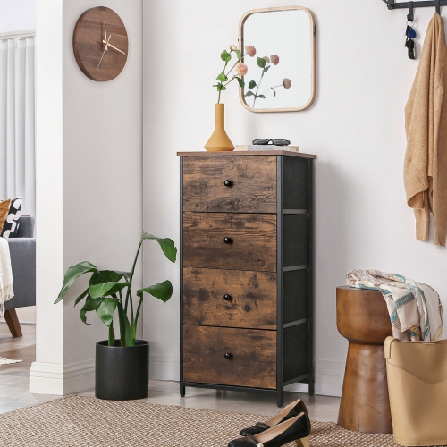 SONGMICS HOME Dresser for Bedroom, Fabric Dresser with 4 Drawers, Wooden Top and Front, Metal Frame, Small Chest of Drawers, Rustic Brown and Black