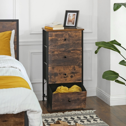 SONGMICS HOME Dresser for Bedroom, Fabric Dresser with 4 Drawers, Wooden Top and Front, Metal Frame, Small Chest of Drawers, Rustic Brown and Black