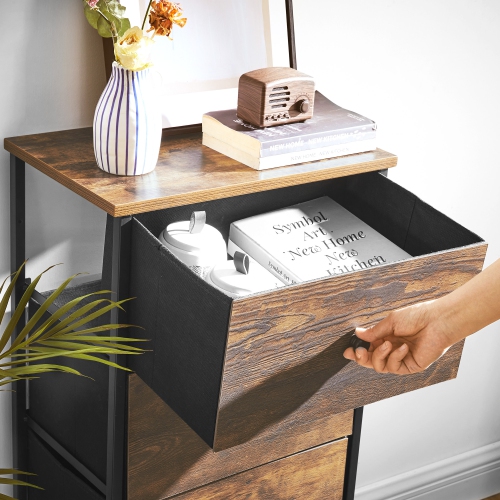 SONGMICS HOME Dresser for Bedroom, Fabric Dresser with 4 Drawers, Wooden Top and Front, Metal Frame, Small Chest of Drawers, Rustic Brown and Black