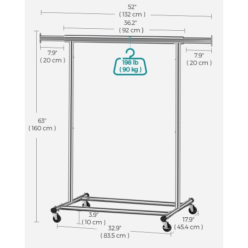 Support à vêtements sur roulettes POUR LA MAISON SONGMICS, rail robuste, avec rail extensible, capacité de charge 90 kg, assemblage facile,