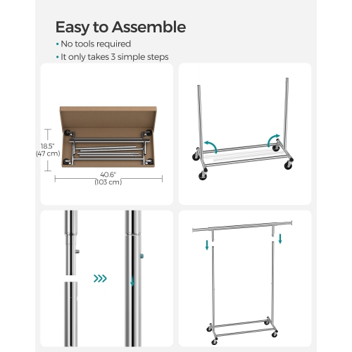 Support à vêtements sur roulettes POUR LA MAISON SONGMICS, rail robuste, avec rail extensible, capacité de charge 90 kg, assemblage facile,