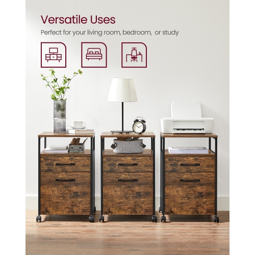 SONGMICS HOME File Cabinet, Mobile Filing Cabinet with Wheels, 2 Drawers, Open Shelf, for A4, Letter Size, Rustic Brown and Black UOFC71X, 44 x 42 x