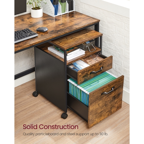 SONGMICS HOME File Cabinet, Mobile Filing Cabinet with Wheels, 2 Drawers, Open Shelf, for A4, Letter Size, Rustic Brown and Black UOFC71X, 44 x 42 x