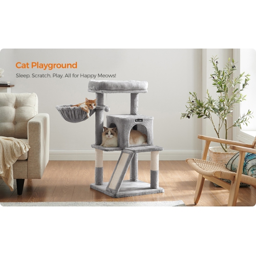 SONGMICS HOME Cat Tree, Small Cat Tower with Widened Perch for Large Cats Indoor, Kittens, 96 cm Multi-Level Cat Condo with Scratching Posts and
