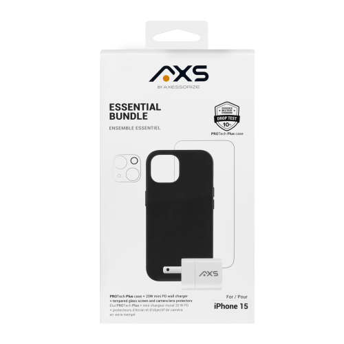 AXS BY AXESSORIZE  Axs Essential Bundle | Protech Plus Case, Screen Protectors And 20W Charger for Apple Iphone 15