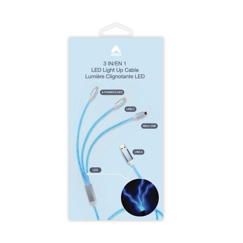Amaze 3.5-foot USB-A to C Lightning Micro Light-up Cable - Blue