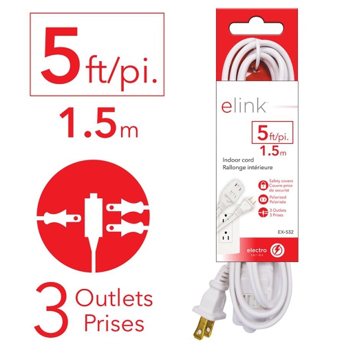 Elink - Set of 3 3-Outlet Indoor Electrical Extension Cords, 5 Feet Length, White
