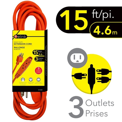 Elink - 3 Outlet Outdoor Electrical Extension Cord, 15 Feet Length, Orange