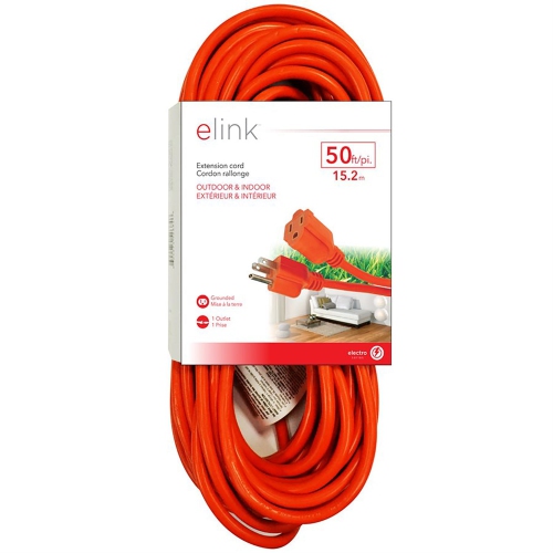 Elink - 1 Outlet Outdoor Electrical Extension Cord, 50 Feet Length, Orange