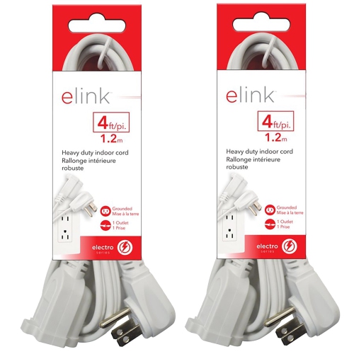 Elink - Set of 2 Indoor Electrical Extension Cord, 1 Outlet, 4 Feet Length, White