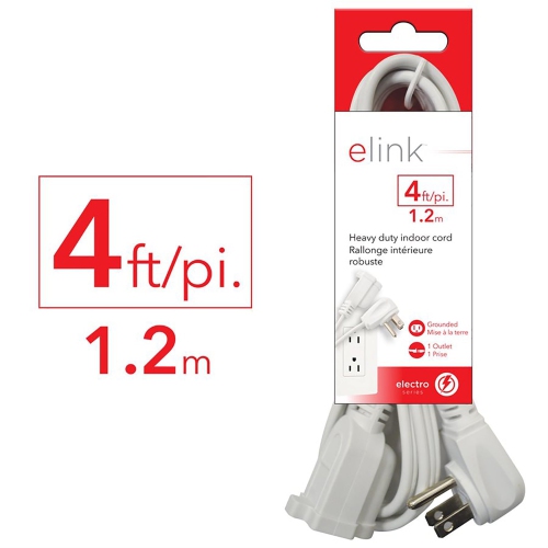Elink - Set of 2 Indoor Electrical Extension Cord, 1 Outlet, 4 Feet Length, White