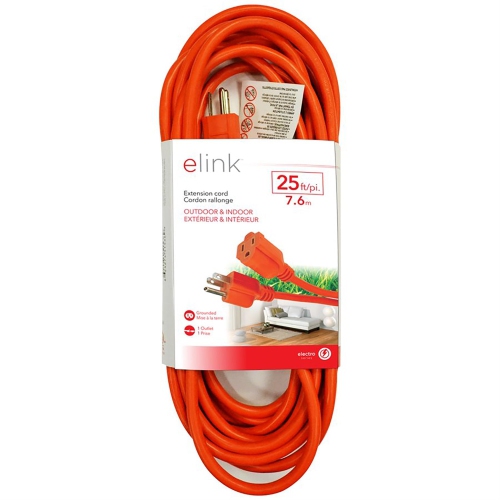 Elink - 1 Outlet Outdoor Electrical Extension Cord, 25 Feet Length, Orange