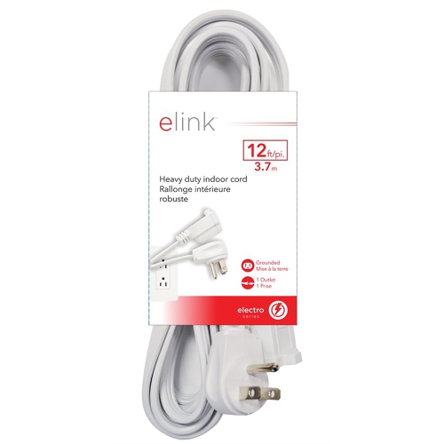 Elink - Indoor Electrical Extension Cord, 1 Outlet, 12 Feet Length, White