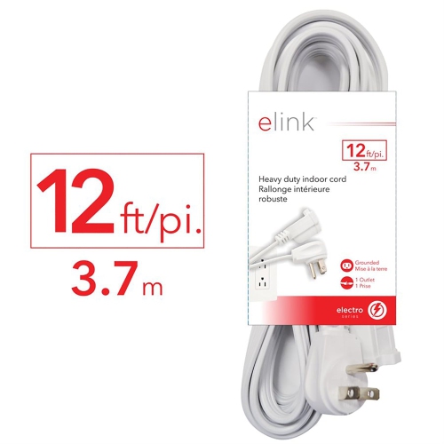 Elink - Indoor Electrical Extension Cord, 1 Outlet, 12 Feet Length, White