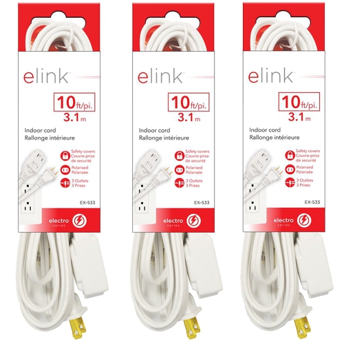ELink – Ensemble de rallonges électriques intérieures à 3 3 prises, longueur de 10 pi, blanc