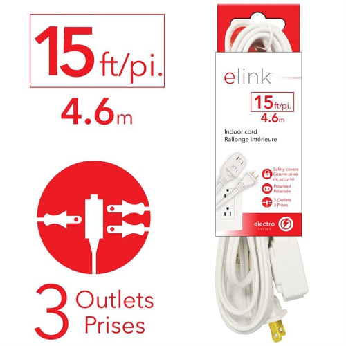 Elink - Set of 2 3-Outlet Indoor Electrical Extension Cords, 15 Feet Length, White