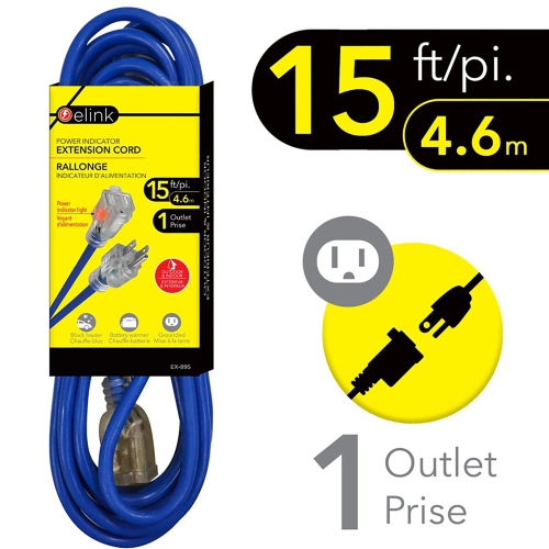 Elink - Outdoor Extension Cord with Power Indicator Light, 15 Feet Length, Blue