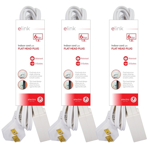 Elink - Set of 3 Electrical Extension Cord with Flat Head Plug, 3 Outlets, 6 Feet Length, White
