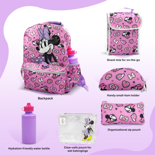 Minnie Mouse Backpack 16 inch Kids Backpack with Lunch Box- 6 Piece Set for Kids