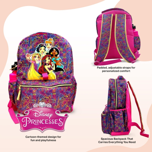 Disney Princess Backpack 16 inch Kids Backpack with Lunch Box- 6 Pieces Set for Kids