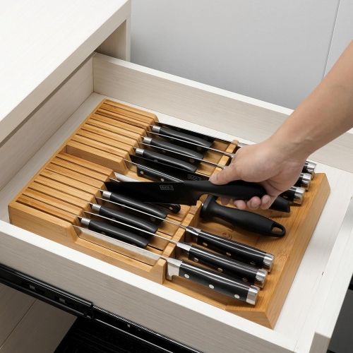 Porte-couteaux de cuisine en bambou avec tiroir, porte-couteaux à steak à grande poignée sans couteaux, compatible avec 16 couteaux et 1 affiloir en