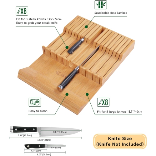 Porte-couteaux de cuisine en bambou avec tiroir, porte-couteaux à steak à grande poignée sans couteaux, compatible avec 16 couteaux et 1 affiloir en