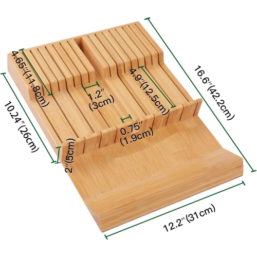 Porte-couteaux de cuisine en bambou avec tiroir, porte-couteaux à steak à grande poignée sans couteaux, compatible avec 16 couteaux et 1 affiloir en