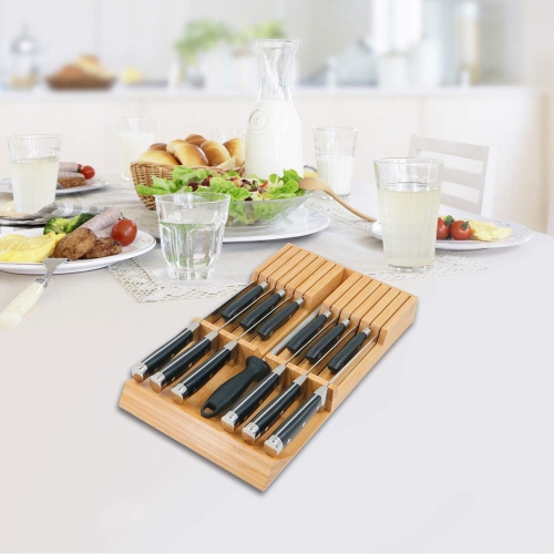 Porte-couteaux de cuisine en bambou avec tiroir, porte-couteaux à steak à grande poignée sans couteaux, compatible avec 12 couteaux et 1 affiloir en