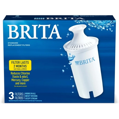 Paquet de 3 filtres de rechange standard Brita : Réduit les contaminants, retient les minéraux sains, certifié WQA pour la réduction du chlore, sans