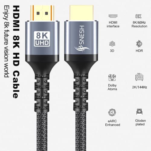 SNESH 8K-60HZ, 6.6FT High Speed 3D 2K/144HZ HDMI Cable Gold Plated Nylon Braided Compatible with Roku Blue ray TV, PC, Notebook, Video Game