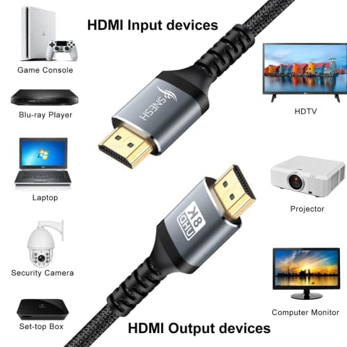 SNESH 8K-60HZ, 6.6FT High Speed 3D 2K/144HZ HDMI Cable Gold Plated Nylon Braided Compatible with Roku Blue ray TV, PC, Notebook, Video Game