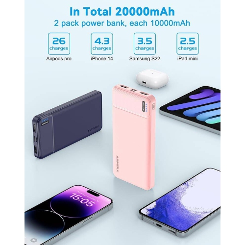 Paquet de 2 chargeurs portables 10000 mAh roses chargeur portable USB-C à recharge rapide, batterie portative batterie externe pour Samsung