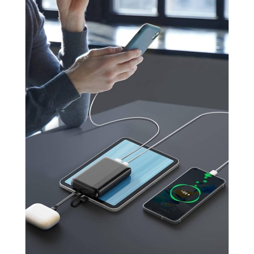 Ultra-Compact 22.5W PD & QC 3.0 Fast Charging Portable Charger 10000mAh USB C Power Bank, Small LED Display with Cable Compatible with iPhone, Black