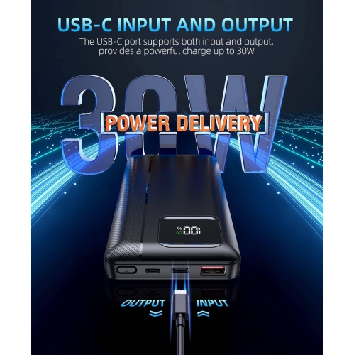 Power Bank Portable Charger 16000mAh Power Bank Support PD 30W and QC4.0 Fast Charging, Built-in 2 Output Cable and LED Display, for iPhone and