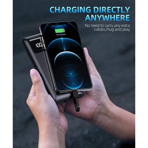 Power Bank Portable Charger 16000mAh Power Bank Support PD 30W and QC4.0 Fast Charging, Built-in 2 Output Cable and LED Display, for iPhone and