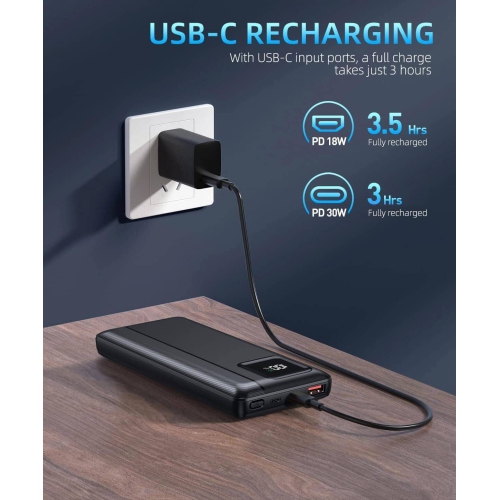 Power Bank Portable Charger 16000mAh Power Bank Support PD 30W and QC4.0 Fast Charging, Built-in 2 Output Cable and LED Display, for iPhone and