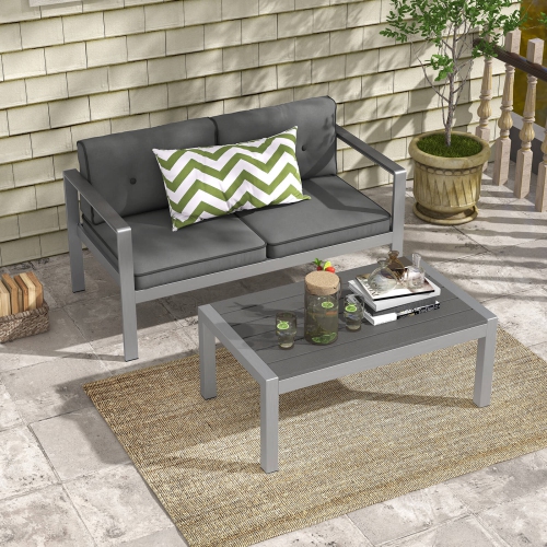 Costway Patio Aluminum Loveseat Sofa Outdoor Chair with WPC Armrests & Cushions Backyard
