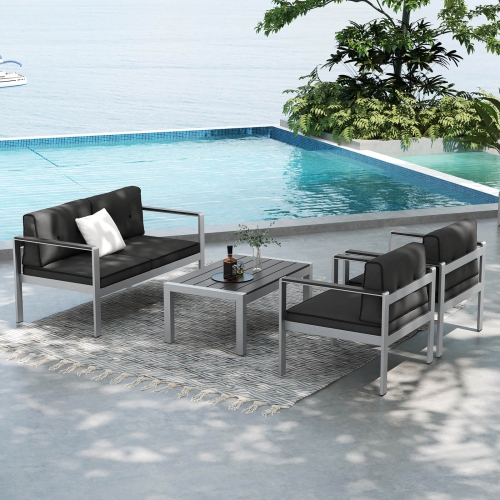 Costway Patio Aluminum Loveseat Sofa Outdoor Chair with WPC Armrests & Cushions Backyard