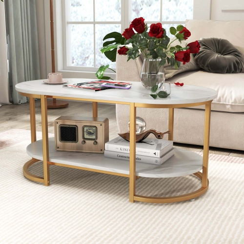 Costway White Marble Coffee Table Modern 2-Tier Center Table with Open Storage Shelf
