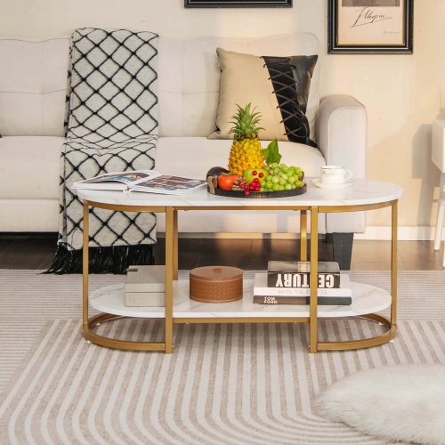 Costway White Marble Coffee Table Modern 2-Tier Center Table with Open Storage Shelf