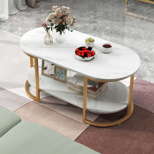 Costway White Marble Coffee Table Modern 2-Tier Center Table with Open Storage Shelf